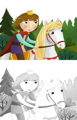 cartoon prince riding on the horse in the forest