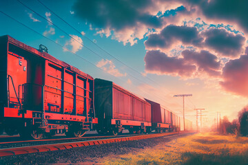 Fototapeta premium Güterzug auf Schienen im Sonnenuntergang - Generative Ai
