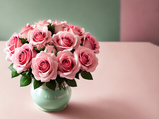 Vintage Pink Rose Bouquet in Teal Vase with Gold Base, Valentine's Day Illustration - Generative AI Image