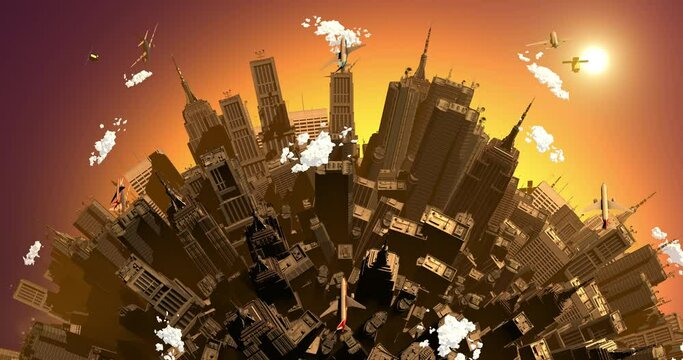 Crowded and big city on rotating earth. Airplanes flying. Overpopulated earth covered by cities 3d concept animation.