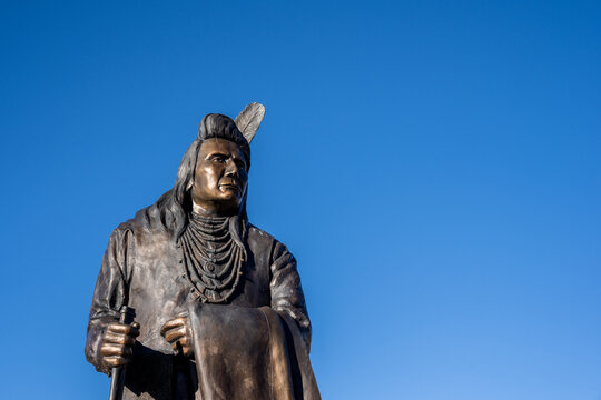 Prescott, AZ - Nov. 17, 2022: Detail close up of the statue of Chief Joseph Nez Perce which stands outside of the Phippen Museum of art and heritage of the American West.