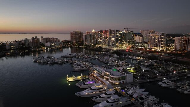 Night aerial droen video Marina Jack waterfront restaurant Sarasota FL