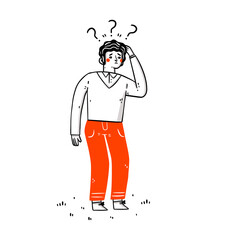 Thinking man surrounded by question mark. Business concept illustration. Man in doubt thinking with question marks over scratching head. Confusion, contemplation.