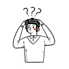 Thinking man surrounded by question mark. Business concept illustration. Man in doubt thinking with question marks over scratching head. Confusion, contemplation.