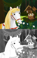 cartoon scene with owl bird horse in the forest