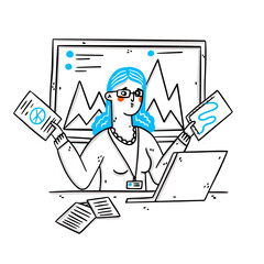 Young woman sitting in front of  laptop.Charts, data graphic. A woman has a lot of work to do. Overworking character, home office deadline. Surprised female remote worker or freelancer vector concept