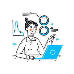 Young woman sitting in front of  laptop. Charts, data graphic. Successful well done work. Completed task. Happy freelancer or office female working remotely use a laptop. 