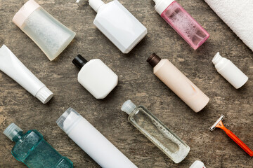 Mockup for bathing products top view flat lay, spa razor, toothpaste, soap, gel and other various accessories. Cosmetics for skin health. Bath Mockup for your logo