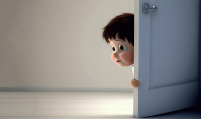 shy and curious cute little boy peeking from behind a door before entering the room with copy space area