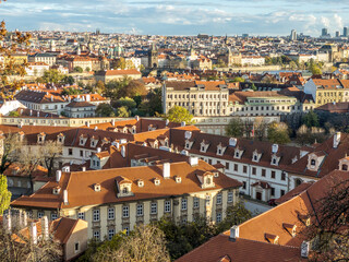 Fototapeta na wymiar View of Prague. View from the gardens and vineyards of Prague Castle to picturesque Prague in the autumn setting sun. Prague, Czech Republic