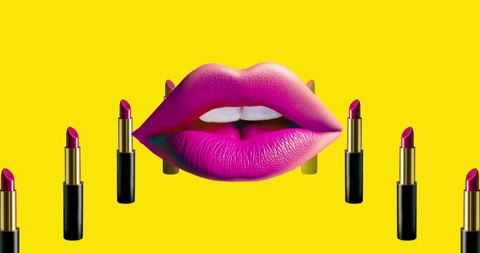 Rows of pink lipstick against brightly yellow background and moving lips, cosmetics, make up, beauty, glamor 4k loop