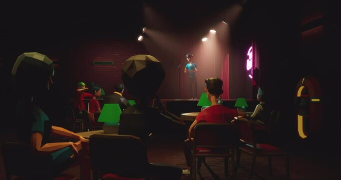 People playing as avatars watching live comedian performing stand-up monologue on a stage VR comedy club in metaverse, 3D rendering