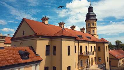 Fototapeta premium A bird (swallow) flies over an ancient fortress in Europe. Castle in Europe in the Czech Republic, Germany, Poland, Austria, Slovenia, Croatia. Restored medieval castle.