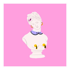 Greece statue with modern element on pink background.T-shirt print design template.Greece culture antique illustration collection. Historical cartoon drawing bundle. Antique art element with glasses