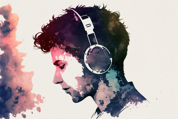 Man with headphones listening to music. AI generated image.