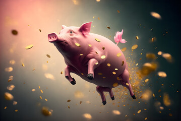 Pink piggy bank drowning in pennies with generative ai