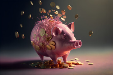 Pink piggy bank drowning in pennies with generative ai