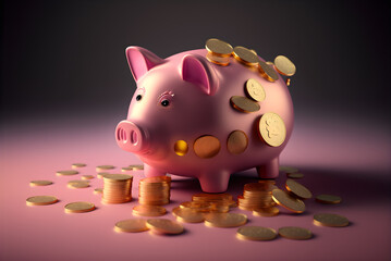 Pink piggy bank drowning in pennies with generative ai