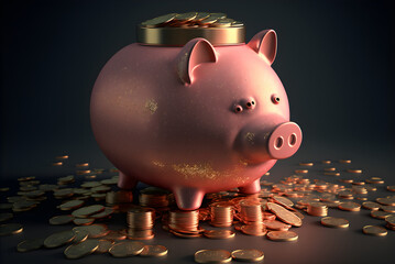 Pink piggy bank drowning in pennies with generative ai