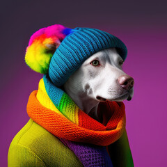 Chien capuche tricotée multicolore. Vêtement de mode pour animaux. Chien avec tour de cou arc-en-ciel. Generative AI - 563157825