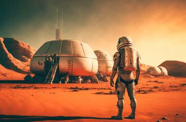 Astronaut on mars near base for planet colonization atmospheric landscape, generative ai