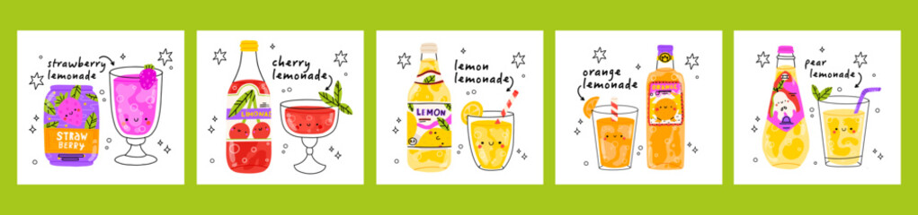 Set of 5 poster of cute lemonades. Isolated. Vector cartoon character hand drawn style illustration. Kawaii smiling lemonade.Hand drawn cute vector for web,design,print, isolated on white.