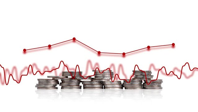The concept of a faltering economy. a pile of coins and a graph.
