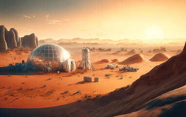 Fototapeta na wymiar Mars the Red Planet Colonization with High Technology Base Landscape Concept, generative ai