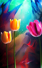 Bright flower tulips on colorful background. Bright vivid tulips card for celebration. AI-generated digital illustration.