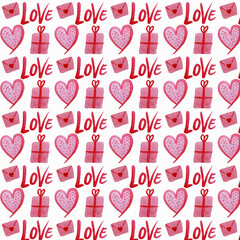 seamless hand-painted watercolor red love word, hearts and present pattern on white background