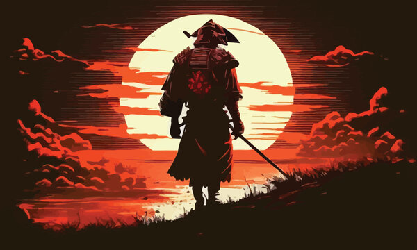 a samurai walking to the sun