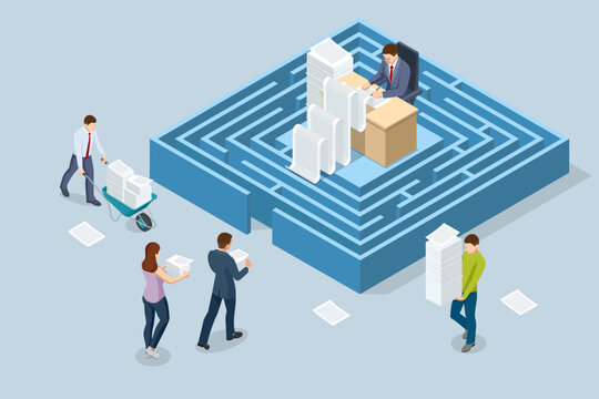 Isometric stacks of paperwork and files in the office, bureaucracy, overload. Bureaucrat in the office. Bureaucrat in the maze.