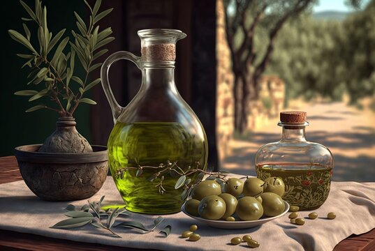 illustration,olive oil and olives,image generated by AI