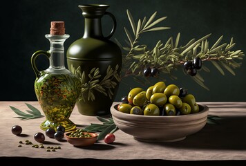 illustration,olive oil and olives,image generated by AI