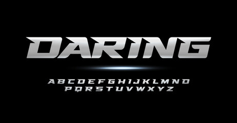 Speed metallic alphabet, dynamic letters, energetic sport font for car racing logo, automotive headline, racer branding, game typographic, powerful action design. Vector typography