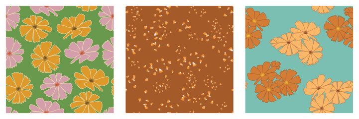 Set of Seamless Pattern in Retro 1970 Peace Style. Floral Seventies Background Collection. Groovy Flowers. Hand Drawn Vector Illustration. Trendy Texture Designed for fabric, textile, printing