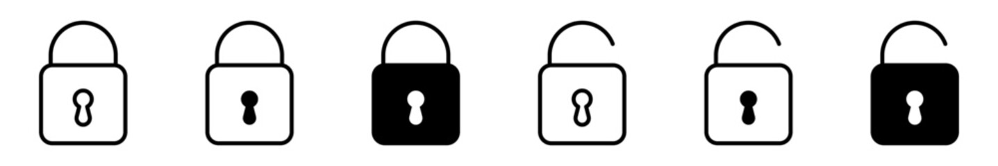 Conjunto de iconos de candado abierto y cerrado. Concepto de protección y seguridad. Ilustración vectorial - obrazy, fototapety, plakaty