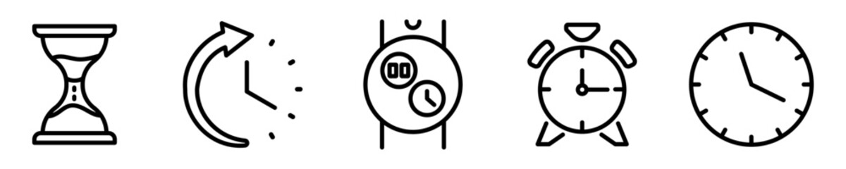 Conjunto de iconos de relojes. Reloj de arena, alarma, tiempo, hora. Ilustración vectorial
