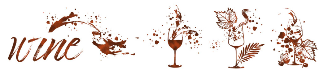 Vector hand drawn template illustration of wine, bottles and glasses. Art for menu, shop, market or sale. Wine bottles with wine splashes - colorful. Sketchy collection of grape leaves and different w