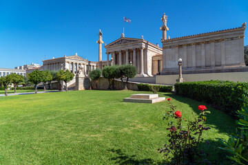 National Academy of Athens neo classical building in the center of Athens city on a suuny day with...