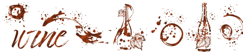 wine, glass, splash, alcohol, bottle, wine glass, drink, drink transparent, empty, restaurant, goblet, vine leaf, bunch of grapes, grape, leaf, object,icon,illustration,vector,graphic set,full isolate