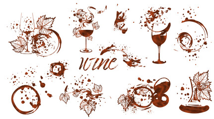Vector hand drawn template illustration of wine, bottles and glasses. Art for menu, shop, market or sale. Wine bottles with wine splashes - colorful. Sketchy collection of grape leaves and different w