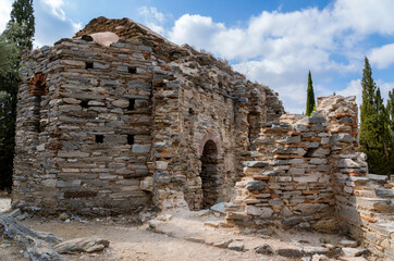 Ayios Marcos temple or Fragomonastiro is a three aisled early Christian basilica with a narthex located at the archaeological site of Taxiarches Hill in Kaisariani district, Athens, Greece, back view