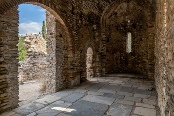 Fototapeta premium Ayios Marcos temple or Fragomonastiro, is a three aisled early Christian basilica with a narthex located at the archaeological site of Taxiarches Hill in Kaisariani district, Athens, Greece, inside