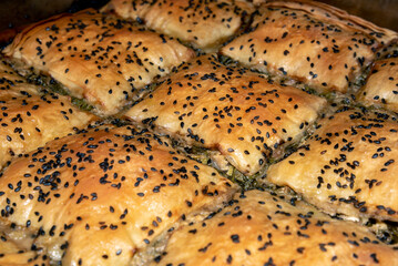 Greek traditional homemade Spinach Pie already baked and cutted in square portions, close up angled view