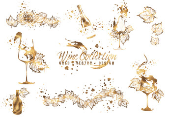 Wine Designs - Collection of wine glasses and bottles. Hand drawn elements for invitation cards, advertising banners, menus in gold style. Wine glasses with splashing wine. Sketch vector illustration
