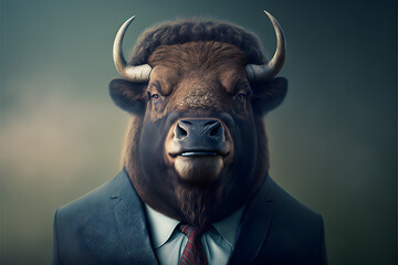 Portrait of anthropomorphic smiling buffalo business suit