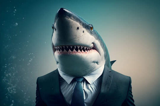 Portrait of anthropomorphic smiling shark business suit