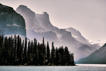 Majestic, glaciated mountains at the southern rim of Maligne Lake