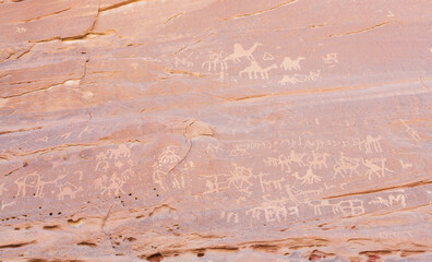 Petroglyphs and the texture of the walls in a canyon, Sinai desert, Sinai peninsula, Egypt